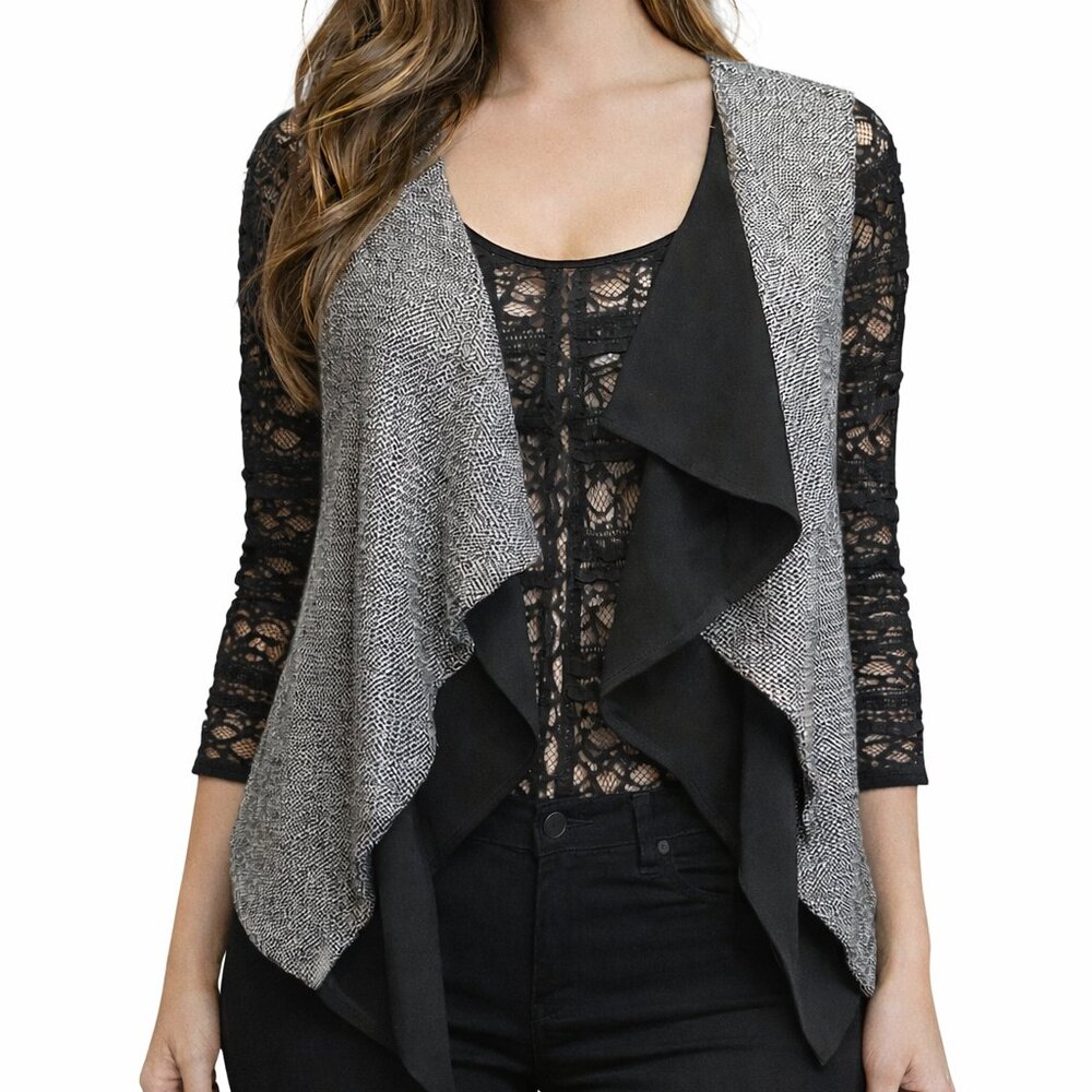 Cinq a Sept Lace Black Bodysuit + Lysse Drape Gray/Black Vest Layering Set